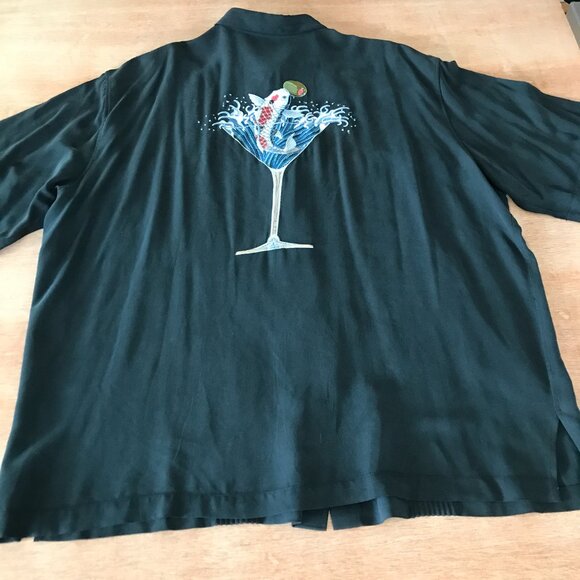 Tori Richard Shirt Men 2XL Black Blue Koi Fish Martini Button Up Button Up Silk - Picture 1 of 11